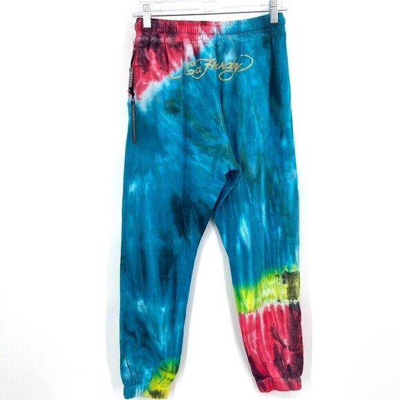 NWT ED HARDY Skull Dagger Blue Yellow Red Tie Dye Jogger Pants Size Small - Picture 3 of 10